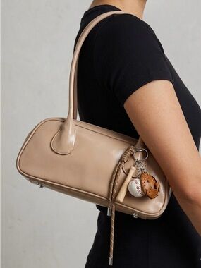 Nude Beige Faux Leather Bowling Bag / Baguette Bag Shoulder Bag